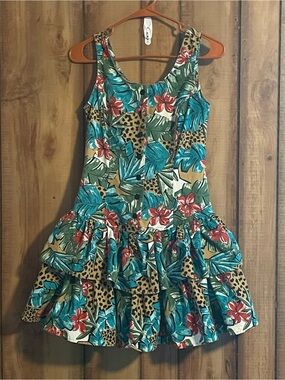 Tropical Print Tiered Mini Dress in Teal & Red